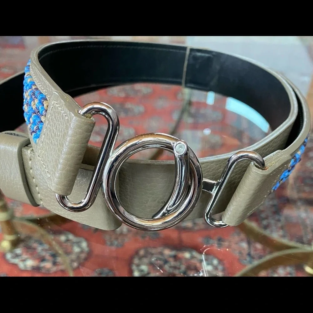 Chico's Blue Bead Faux‎ Leather Adjustable Length Belt Silver Buckle